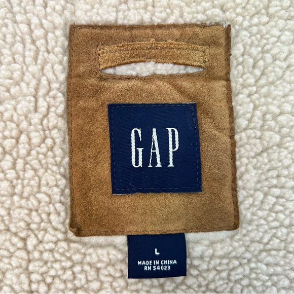 GAP‎ Men’s VINTAGE Suede Leather Jacket Sherpa Lined Camel Full Zip Pockets L - Picture 10 of 16